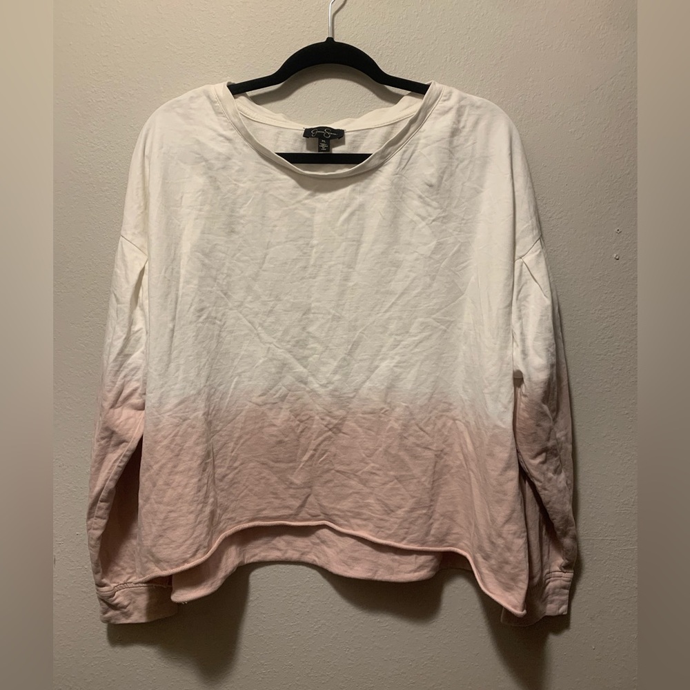 white dip dye blush pink puff long sleeve raw rolled hem crew neck sweatshirt XL